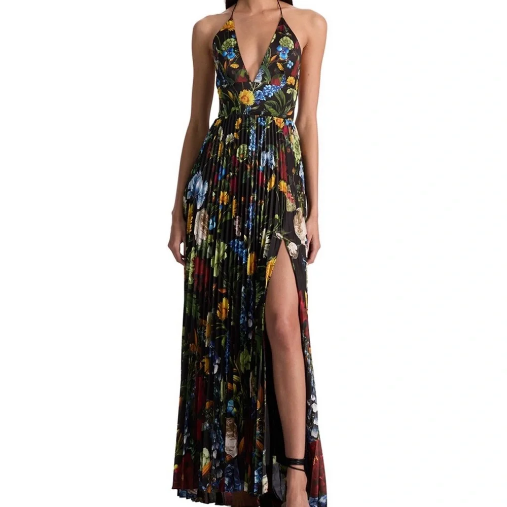 Alice + Olivia Hannah Deep V Black Floral Halter Maxi Dress with Thigh Slit - Picture 1 of 5